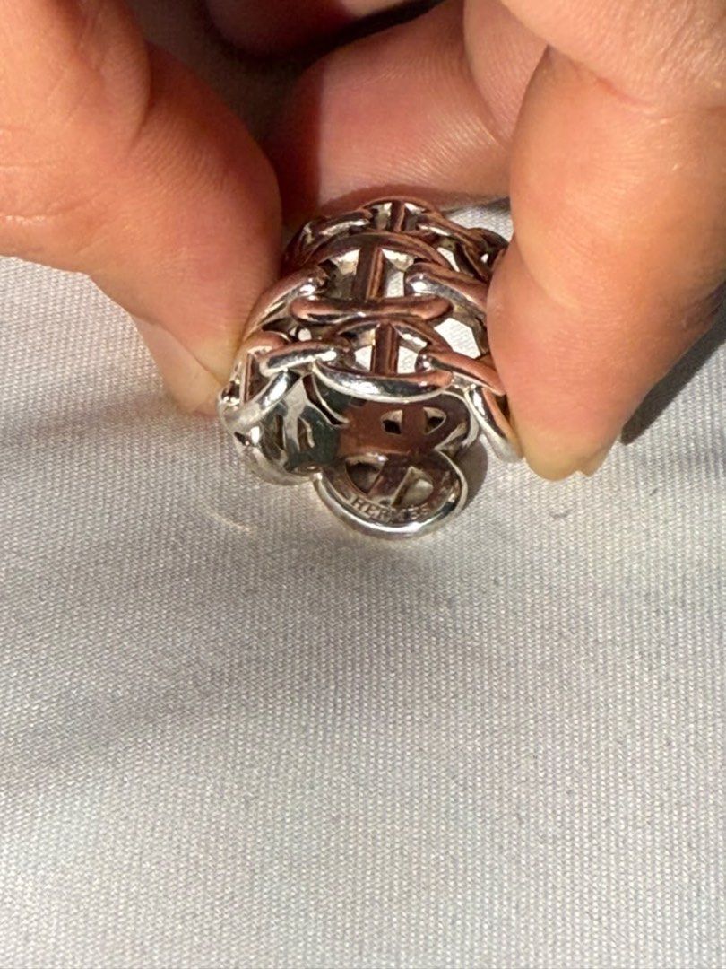 Authentic Hermes chain d’ancre, Enchainee Ring Large GM Size 54 (Category: Luxury Accessories) located in Manila. Submitted by pureturtle.96a2dd (Listing ID 1465877513, Image 1). Description: Authentic Hermes Chaine d’Ancre Enchainee Ring Large GM Size 54 ✅ 100% Authentic - From Europe ✅ AG 925 Sterling Silver - Heavy ✅ Size 54 (US 6.75) ✅ Markings: AG 925 HERMES 54 + HERMES engraved on side - all clear ✅ Condition 8.5/10 - light scratches only R