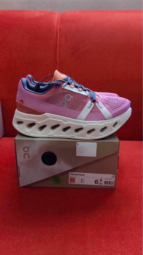 Authentic On Running Cloud eclipse Tangerine Ivory Women (Category: Sneakers) located in Toledo. Submitted by nel.agu (Listing ID 1465795414, Image 1). Description: - Brand: On Cloud - Model: Cloudeclipse - Bought in Japan - ETA: October 12, 2026 - Colorway: Tangerine and Ivory (Pink mesh upper with chunky white midsole) - Size: Women's US / EU 37 / UK 4 / JP 23 - Condition: Brand new, never worn, pristine inside and out - Inclusions: Original bo