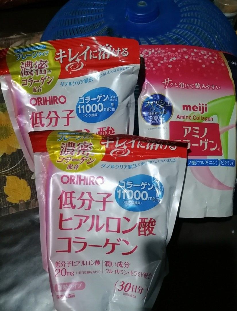 Authentic Orihiro / Meiji Collagen (Category: Health Food, Drinks & Tonics) located in Pasig City. Submitted by chacha0203 (Listing ID 1164507435, Image 1). Description: Authentic from japan Di po siya peke.. Beware of fake 2028 expiry Take all 5 packs for 3600 2 meiji 3 orihiro.