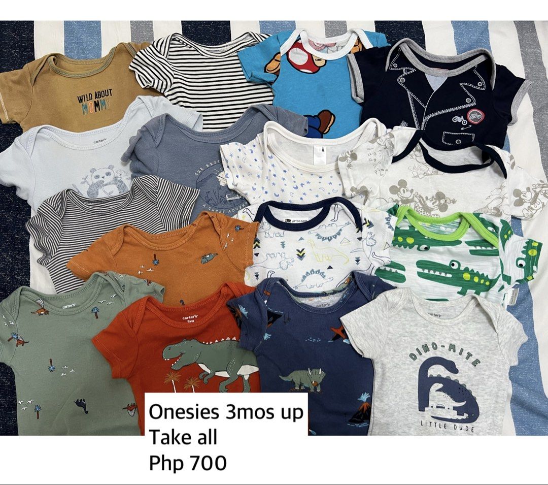 Baby Onesies Bundle 3 Months Up Take All (Category: Babies & Kids Fashion) located in Quezon City. Submitted by sgirl02 (Listing ID 1465870244, Image 1). Description: - Bundle of assorted baby onesies - Features cute dinosaurs, stripes, and character prints - Fits babies 3 months and up - Perfect mix of everyday wear for growing infants - Selling as a take-all set - Price: Php 700.