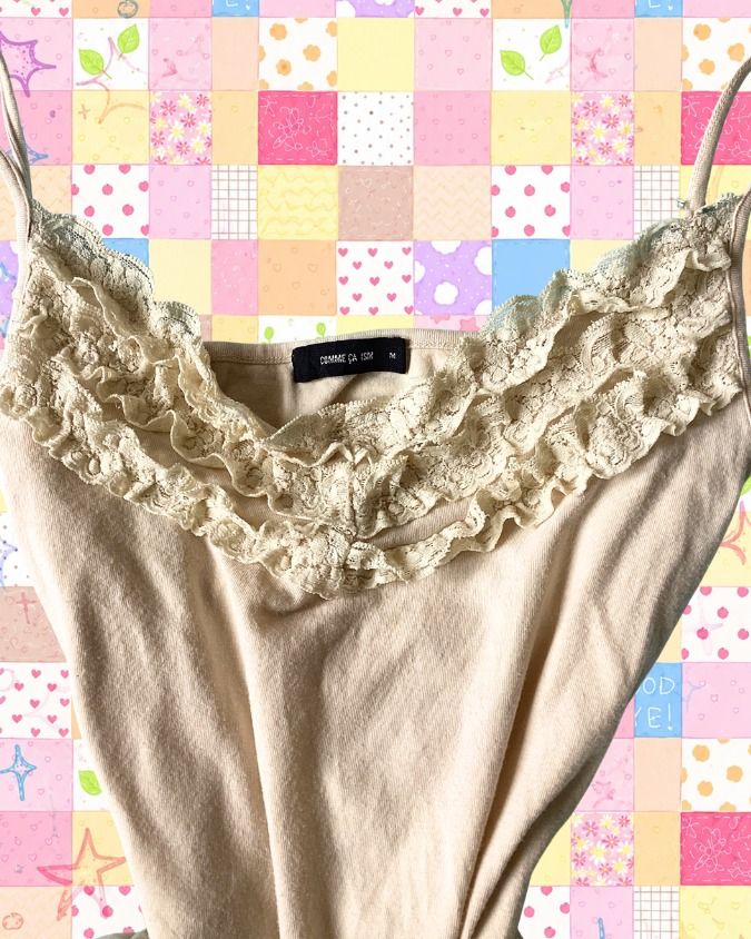 beige camisole sando top with ruffles (Category: Sleeveless) located in Cavite. Submitted by funnyvalentine (Listing ID 1465932607, Image 3). Description: .