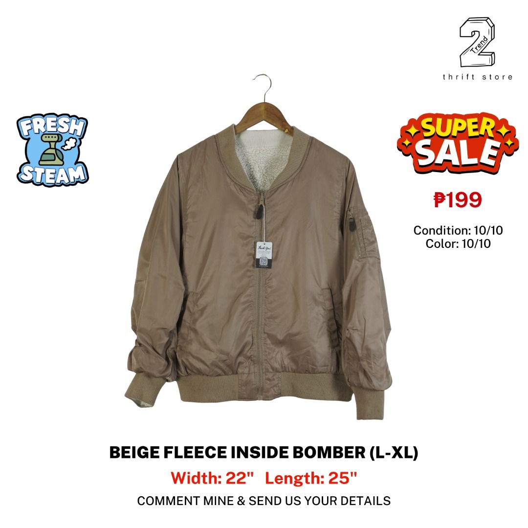 Beige Fleece Inside Bomber Jacket Medium Weight (L-XL) (Category: Coats, Jackets and Outerwear) located in Marikina City. Submitted by 2trend_thrift (Listing ID 1465942813, Image 1). Description: .