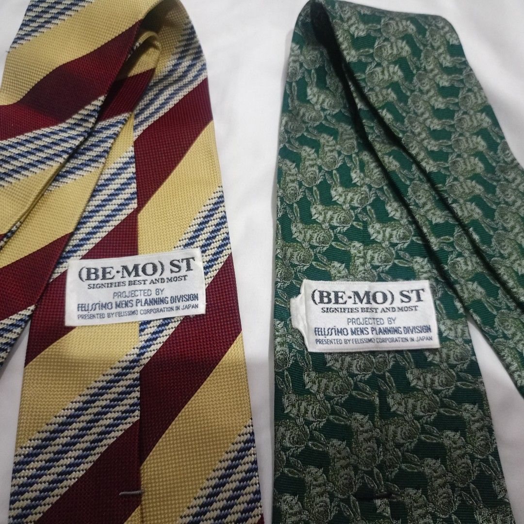 Men's Necktie 2pcs avail- Striped Formal Office Tie Bundle - (Category: Ties) located in Taguig. Submitted by thriftedfound_finds (Listing ID 1465820499, Image 2). Description: Onhand item & ready to ship 150 each (2 for 150) - Brand: Be-Most by Felissimo Men's Planning Division - Quantity: Set of 2 ties - Designs: Bold yellow/red/blue stripes & rich green with subtle rabbit motif - Details: Official brand label stitched on the back - Fit: Classi