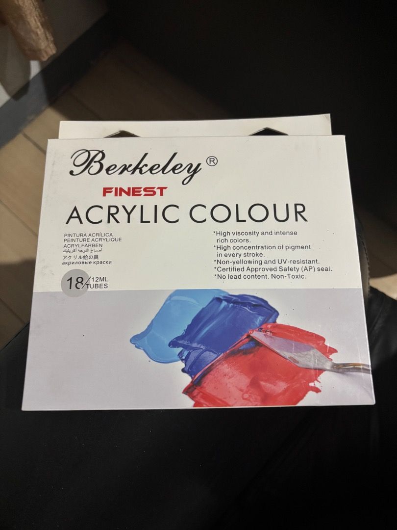 Berkeley Finest Acrylic Colour (Category: Craft Supplies & Tools) located in Caloocan City. Submitted by mishaa2603 (Listing ID 1465894443, Image 1). Description: - Brand: Berkeley Finest Acrylic Colour - Condition: used once only for a small project, 1 missing color (black).