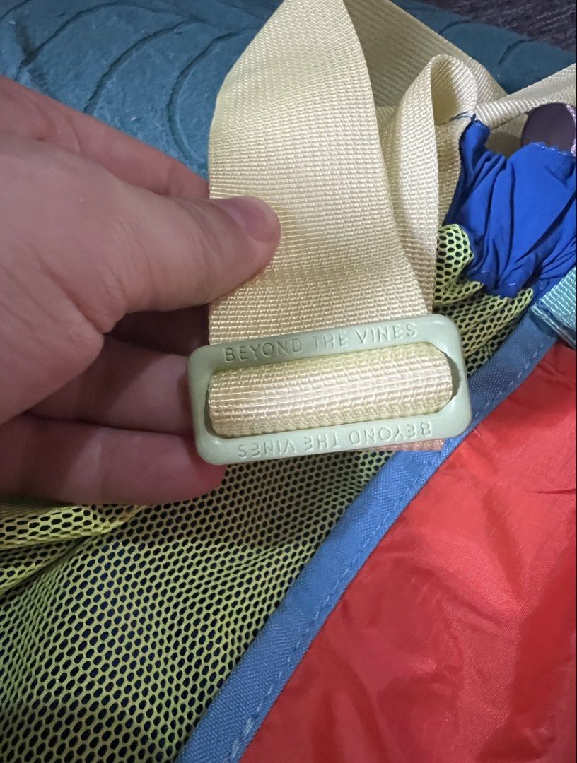 Beyond The Vines Super Panelled XS Dumpling bag (Category: Cross-body Bags) located in Las Pinas. Submitted by silver_mamadeclutters (Listing ID 1465931672, Image 2). Description: - Brand: Beyond The Vines - Condition: Brand new with hang tags and interior tag attached - Material: 100% durable nylon - Design: Vibrant colorblock in blue, red, neon yellow mesh, and mint green - Pockets & Details: Orange front pocket with white text logo - Strap: Ad