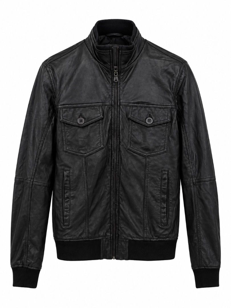 Black Faux Leather Bomber Jacket with Front Pockets (Category: Coats, Jackets and Outerwear) located in Manila. Submitted by arione1224 (Listing ID 1465884581, Image 1). Description: - Style: Black faux leather jacket - Closure: Secure front zip - Details: Ribbed collar, cuffs, and hem for a snug fit - Pockets: Two buttoned chest pockets and side vertical pockets - Perfect for: Cooler weather layering and everyday wear.