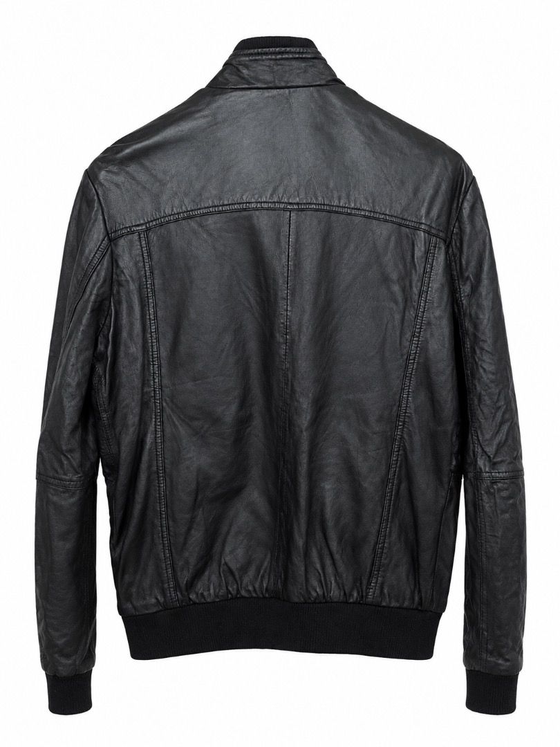Black Faux Leather Bomber Jacket with Front Pockets (Category: Coats, Jackets and Outerwear) located in Manila. Submitted by arione1224 (Listing ID 1465884581, Image 2). Description: - Style: Black faux leather jacket - Closure: Secure front zip - Details: Ribbed collar, cuffs, and hem for a snug fit - Pockets: Two buttoned chest pockets and side vertical pockets - Perfect for: Cooler weather layering and everyday wear.