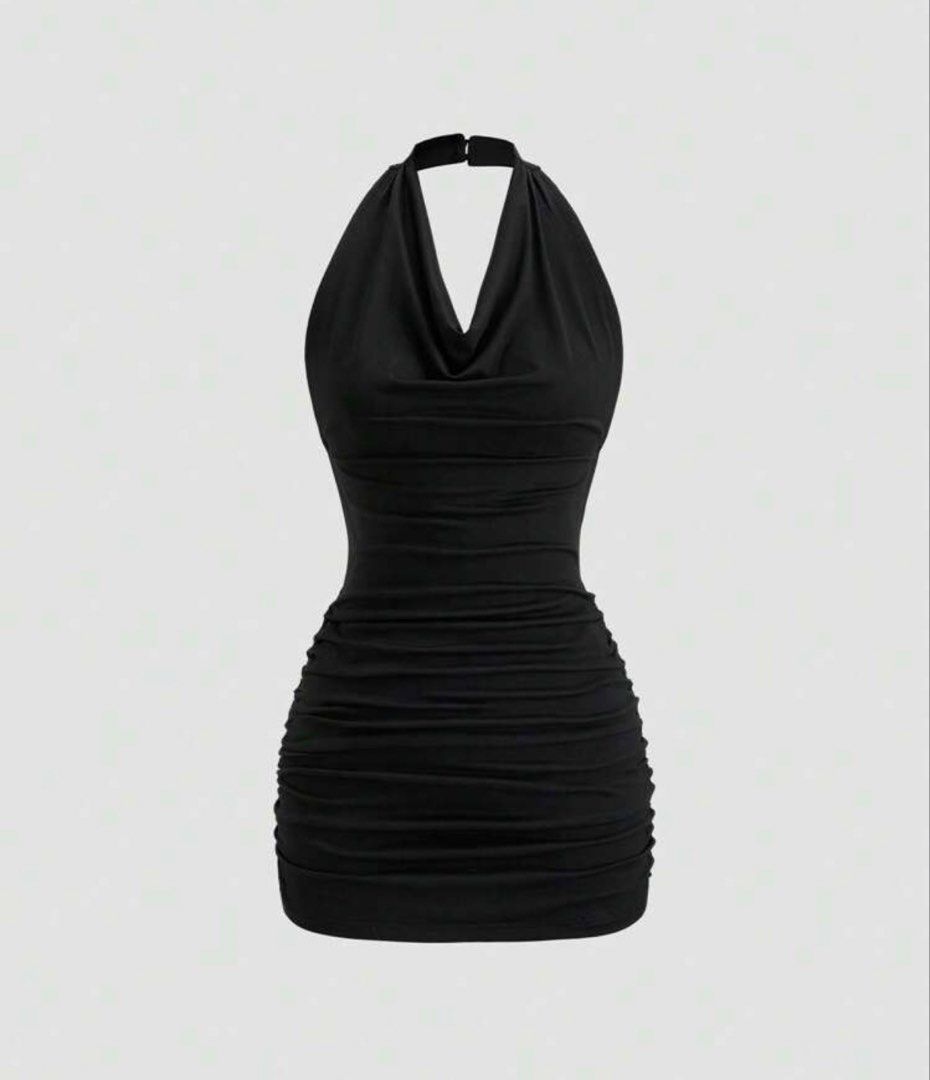 Black Ruched Halter Neck Mini Dress (Category: Dresses) located in Bulacan. Submitted by mersain (Listing ID 1465945353, Image 1). Description: - Color: Black - Style: Mini dress with halter neck and cowl neckline - Details: Fully ruched body with secure back clasp closure at the neck - Fit: Body-hugging with comfortable stretch - Condition: Clean and ready to wear - Perfect for: Going out and night outs.