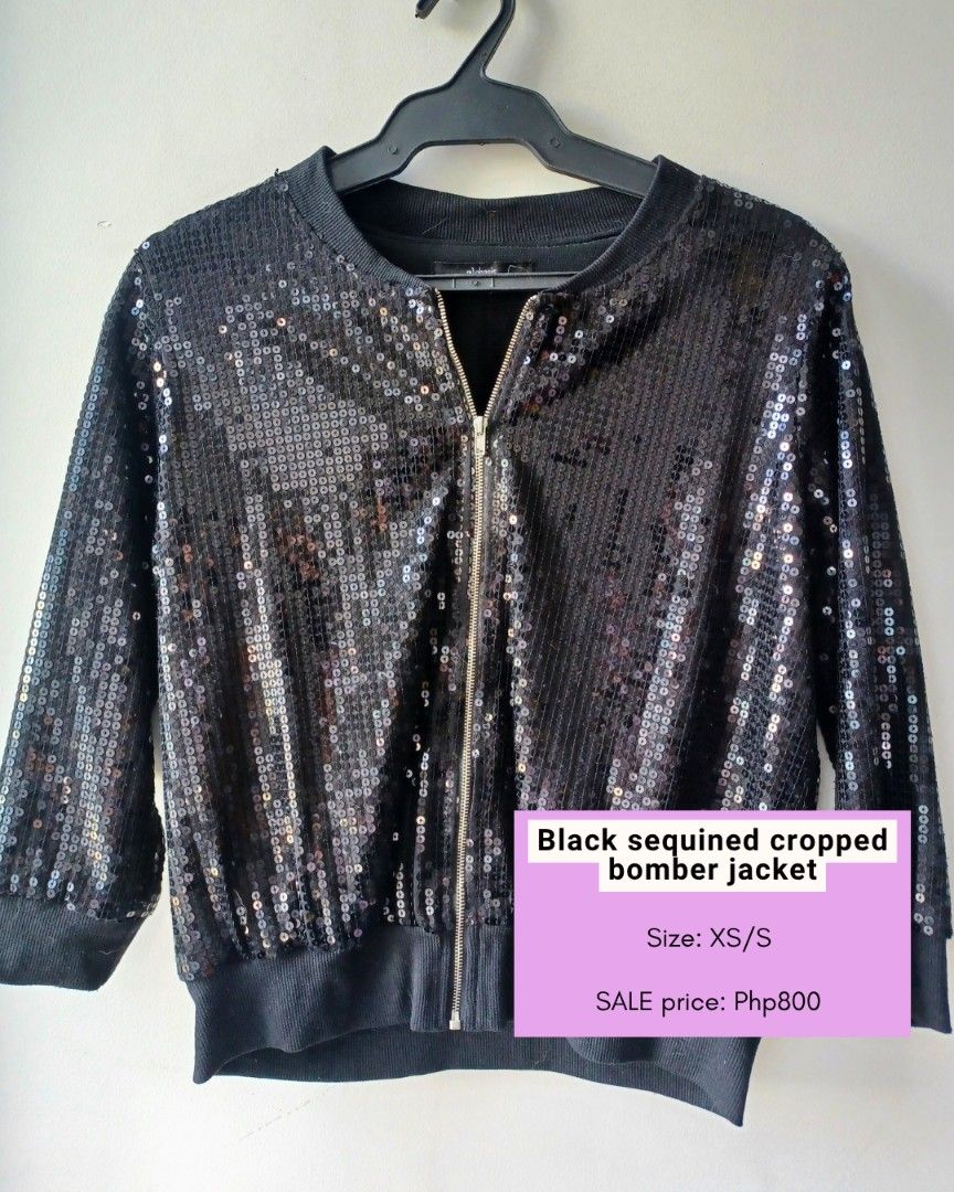Black sequined cropped bomber jacket (Category: Coats, Jackets and Outerwear) located in Makati City. Submitted by freegem.c6de30 (Listing ID 1465830147, Image 1). Description: - Black cropped bomber jacket covered entirely in sequins - Full front zipper closure for easy wear - Trendy 3/4 length sleeves with ribbed cuffs and hem - Ultimate statement piece for parties, clubs, and night outs - Size: Small. Fits extra small to small (XS-S) frames co