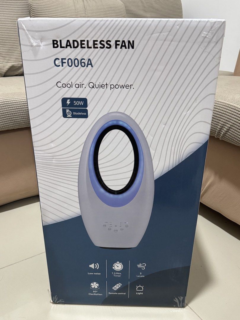 Bladeless Fan CF006A (Category: Fans) located in Manila. Submitted by kelbinooo (Listing ID 1465930753, Image 1). Description: Model: CF006A Bladeless Fan - Condition: Brand new in original box packaging - Power: 50W (Input: 220-240V) - Performance: 3 speed settings, 60-degree oscillation, and quiet operation at ~56 dB(A) - Convenience: 7.5-hour timer, touch controls, and included remote control - Extra Feature: Built-in 4-color night light - Bui