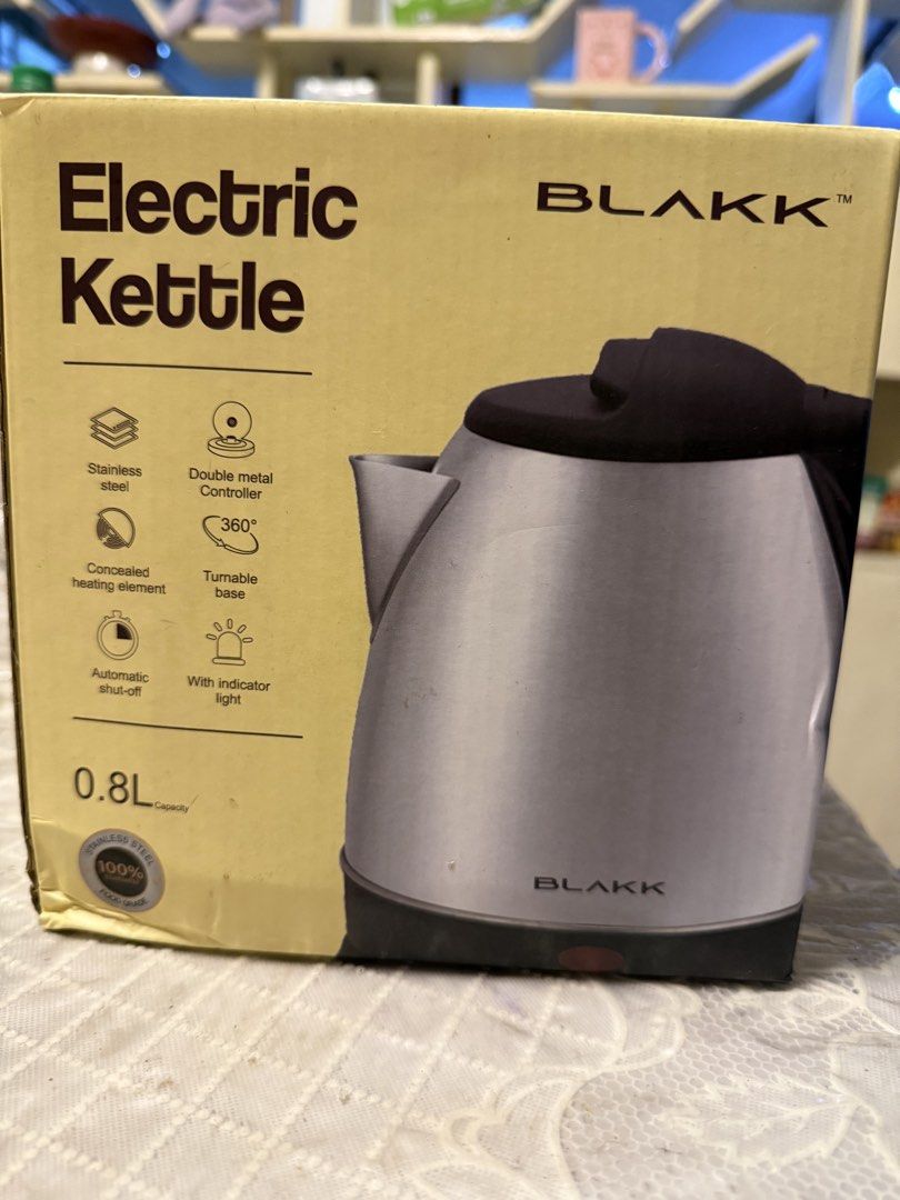 Blakk 0.8L Electric Kettle (Category: Kettles & Airpots) located in Manila. Submitted by deanise_jil (Listing ID 1465906495, Image 2). Description: - Brand: Blakk Electric Kettle - Capacity: 0.8L (perfect for coffee, tea, and quick boiling) - Color/Material: Sleek stainless steel and black finish - Inclusions: Complete with original box and user manual - Condition: Excellent, ready for use NEVER BEEN USED .