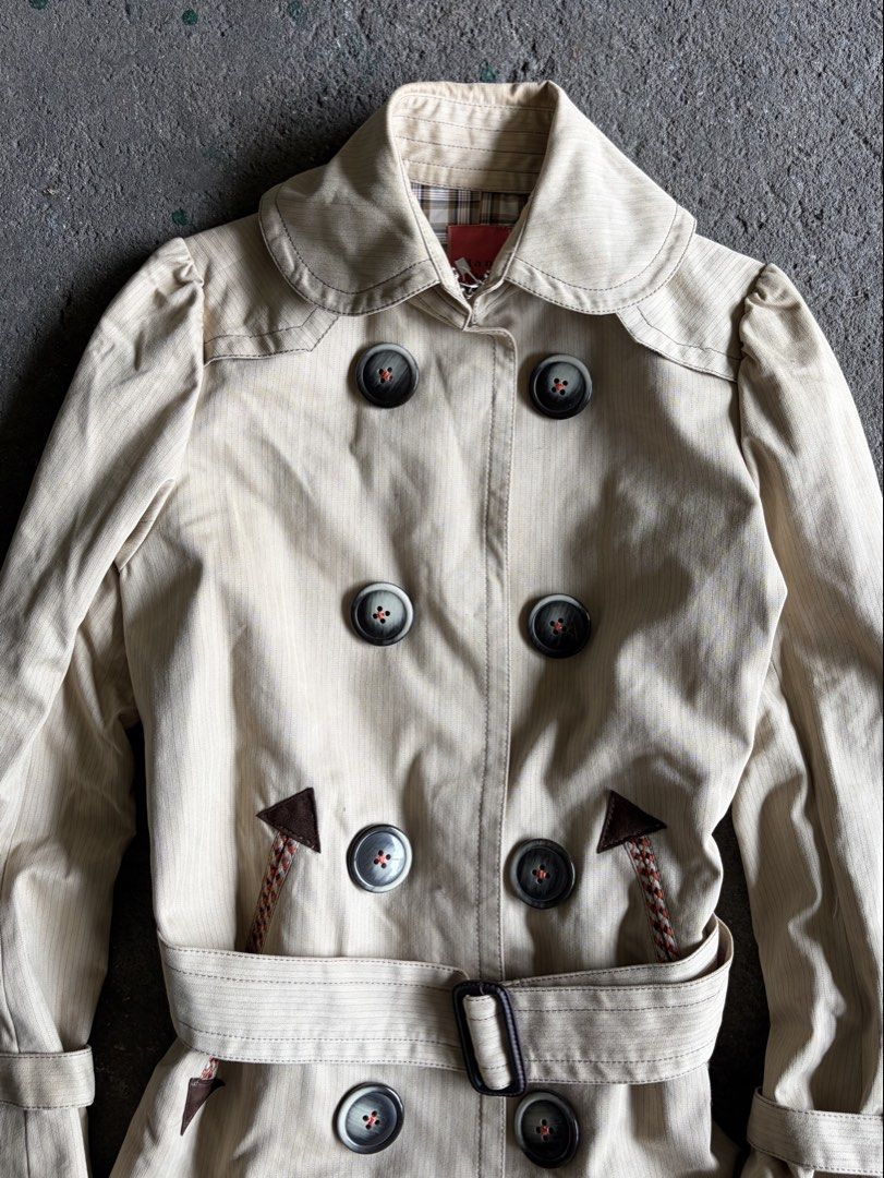 Blanc de Blue Beige Striped Trench Coat (Category: Coats, Jackets and Outerwear) located in Quezon City. Submitted by ward.drobe (Listing ID 1465785834, Image 3). Description: Size L - 32 inch Bust - 19 inch Sleeve L - 25 inch.