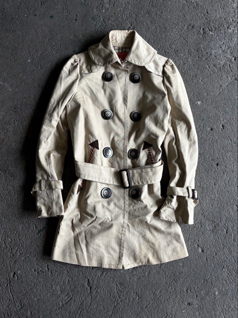 Blanc de Blue Beige Striped Trench Coat (Category: Coats, Jackets and Outerwear) located in Quezon City. Submitted by ward.drobe (Listing ID 1465785834, Image 1). Description: Size L - 32 inch Bust - 19 inch Sleeve L - 25 inch.