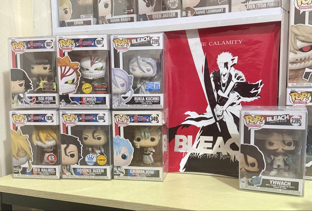 Bleach Funko Pops - Ichigo, Aizen, Grimmjow etc (Category: Designer & Blind Box Toys) located in Quezon City. Submitted by tokyobailey (Listing ID 1465787771, Image 1). Description: FS/FT: Funko Pop - Bleach / TYBW Grimmjow - 4900 Sosuke Aizen FSE Chase - 3850 Ichigo AAA Chase - 2500 Tier Halibel GameStop Canada - 1950 Rukia Bankai SE - 1750 Yhwach - 1250 Soi Fon EEE - 1200 The Calamity Poster - 200.