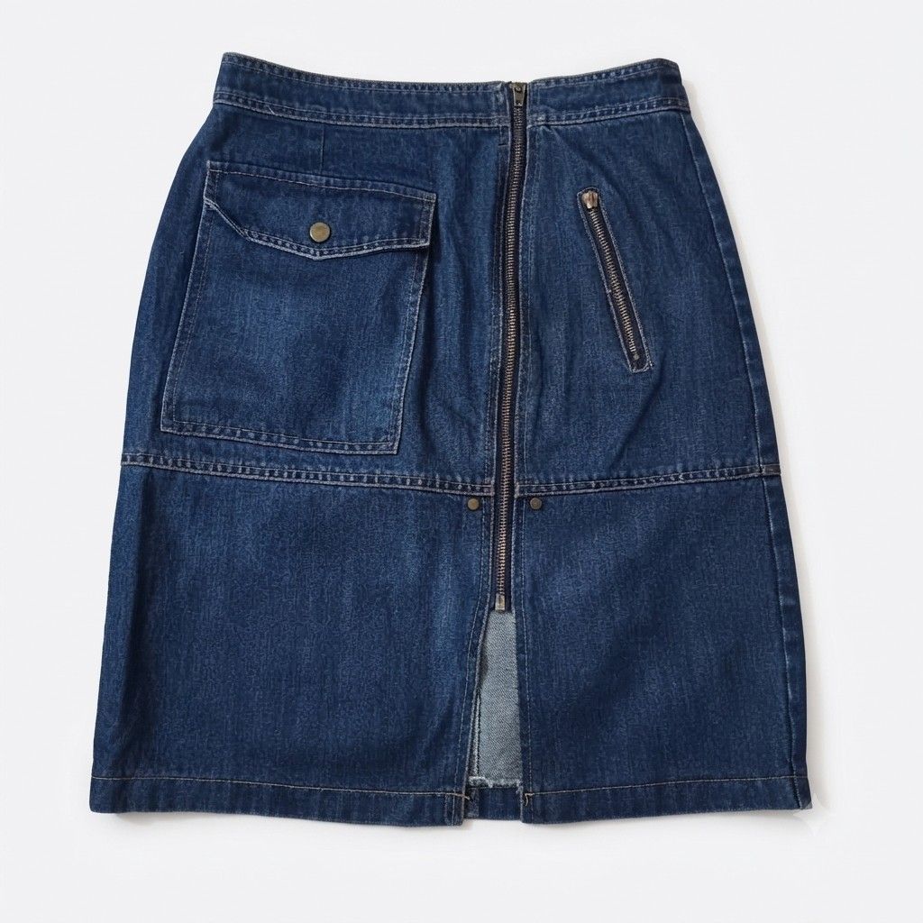 Blue Denim Midi Skirt with Front Zip and Pockets (Category: Skirts) located in Adams. Submitted by luckygirl.closet (Listing ID 1465950650, Image 1). Description: s like new with front slit .
