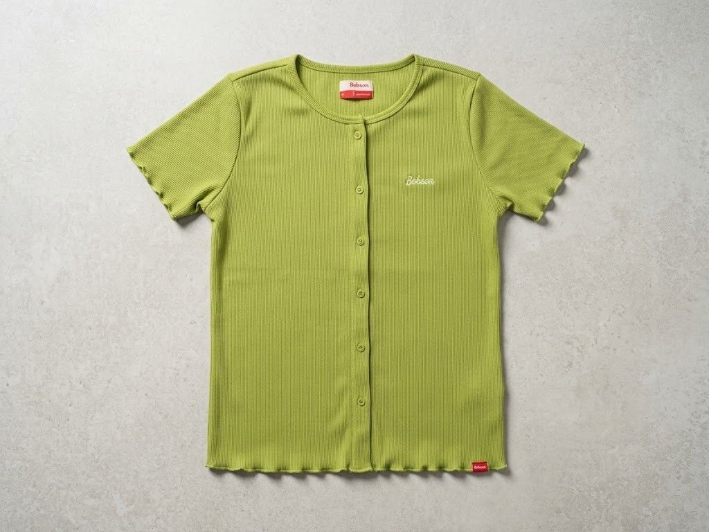 Bobson Green Ribbed Button-Up Short Sleeve Top (Category: Shirts) located in Pasig City. Submitted by chinchan1 (Listing ID 1465863861, Image 1). Description: - Brand: Bobson - Color: Green - Size: S - Material: Ribbed knit - Details: Short sleeves, round neckline, full button-down front - Accents: White cursive logo embroidery on chest, trendy lettuce hem on sleeves and hem - Condition: Excellent pre-loved condition - Perfect for casual OOTDs!.