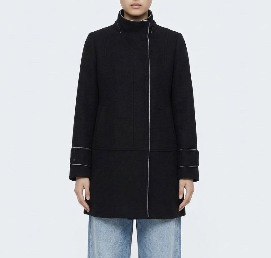 Bossini Black High Stand-Up Collar Wool-Blend Zip-Up Coat (Category: Coats, Jackets and Outerwear) located in Caloocan City. Submitted by declutteringph. (Listing ID 1465928021, Image 2). Description: Size S 165/84Y on the tag! Dimensions: (inches) Shoulder width: 13.5” Bust width: 20” Body Length: 29” Sleeves Length: 23” .