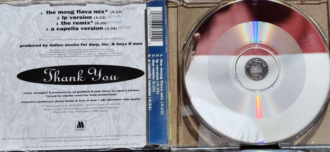 Boyz II Men - Thank You CD single (Category: CDs & DVDs) located in Manila. Submitted by ruelcabrer77078 (Listing ID 1465832765, Image 2). Description: - Artist: Boyz II Men - Title: Thank You Maxi Single CD - Release Year: 1995 (Motown Record Company) - Producers: Dallas Austin for D.A.R.P., Inc. and Boyz II Men - Tracklist (4 Tracks): LP Version, Moog Flava Mix, Remix, and A Cappella Version - Packaging: Standard jewel case with back insert and