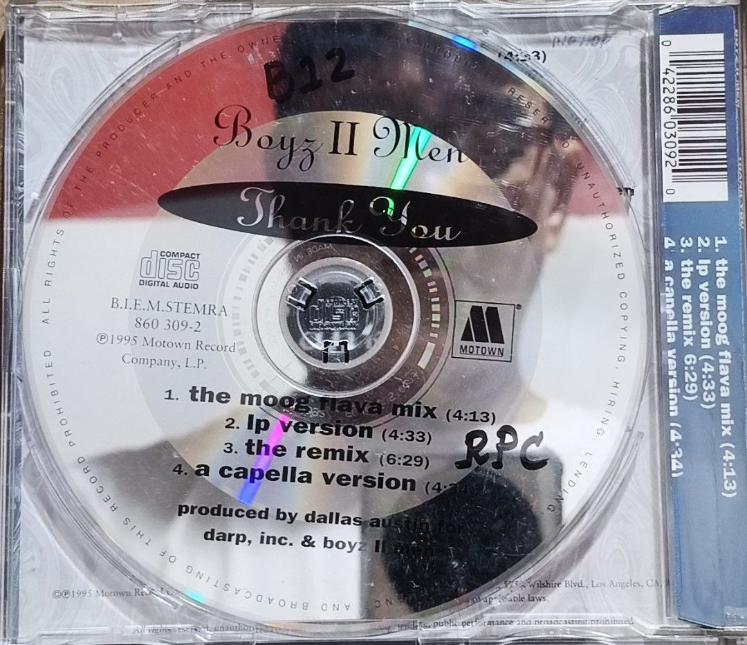 Boyz II Men - Thank You CD single (Category: CDs & DVDs) located in Manila. Submitted by ruelcabrer77078 (Listing ID 1465832765, Image 3). Description: - Artist: Boyz II Men - Title: Thank You Maxi Single CD - Release Year: 1995 (Motown Record Company) - Producers: Dallas Austin for D.A.R.P., Inc. and Boyz II Men - Tracklist (4 Tracks): LP Version, Moog Flava Mix, Remix, and A Cappella Version - Packaging: Standard jewel case with back insert and