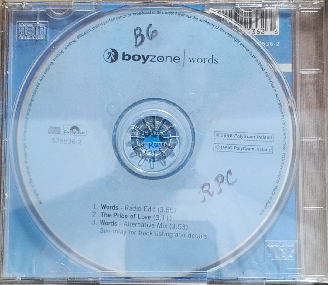 Boyzone Words Maxi CD Single 1996 PolyGram (Category: CDs & DVDs) located in Manila. Submitted by ruelcabrer77078 (Listing ID 1465831874, Image 3). Description: - Artist/Title: Boyzone - Words Single CD - Release Year/Label: 1996, PolyGram Ireland - Included: Standard plastic jewel case, front insert, and back inlay - Tracklist: Words (Radio Edit), The Price of Love, Words (Alternative Mix) - Condition: Disc surface has written markings near the 