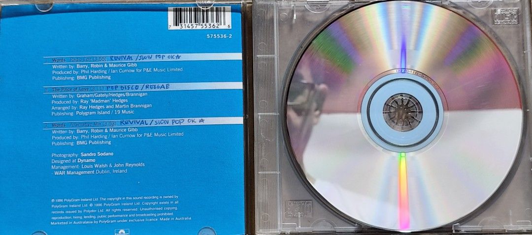 Boyzone Words Maxi CD Single 1996 PolyGram (Category: CDs & DVDs) located in Manila. Submitted by ruelcabrer77078 (Listing ID 1465831874, Image 2). Description: - Artist/Title: Boyzone - Words Single CD - Release Year/Label: 1996, PolyGram Ireland - Included: Standard plastic jewel case, front insert, and back inlay - Tracklist: Words (Radio Edit), The Price of Love, Words (Alternative Mix) - Condition: Disc surface has written markings near the 