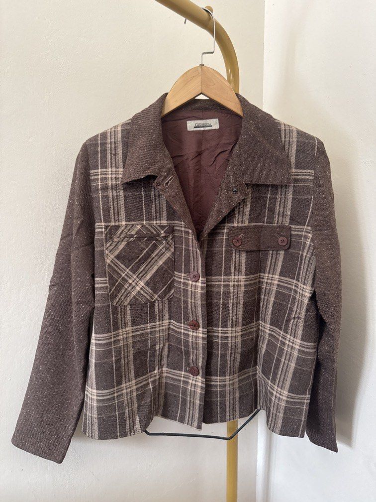 Brown Plaid Jacket Blazer (Category: Coats, Jackets and Outerwear) located in Mexico. Submitted by studioleraph (Listing ID 1465820476, Image 1). Description: 🛍️ Perfect for your personal wardrobe 🫶 Please see actual measurements on last photo. 👗 The actual item being sold is the original garment shown in the product photos. Small differences in fit, drape, color, texture, or details may occur. 💌 Condition: • Preloved; Please wash the items b