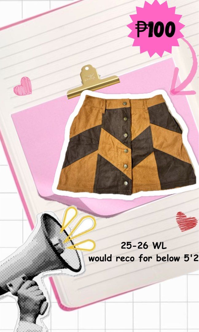 Brown Suede Geometric Patchwork Mini Skirt (Category: Skirts) located in Echague. Submitted by reniellarose (Listing ID 1465851197, Image 1). Description: - Style: Cute patchwork design with a geometric chevron pattern in brown and tan tones - Material: Soft, suede-like fabric - Closure: Front button closure with metal snaps - Fit: Waist size 25 to 26 inches - Height Recommendation: Best for heights below 5 feet 2 inches - Condition/Occasion: Sty