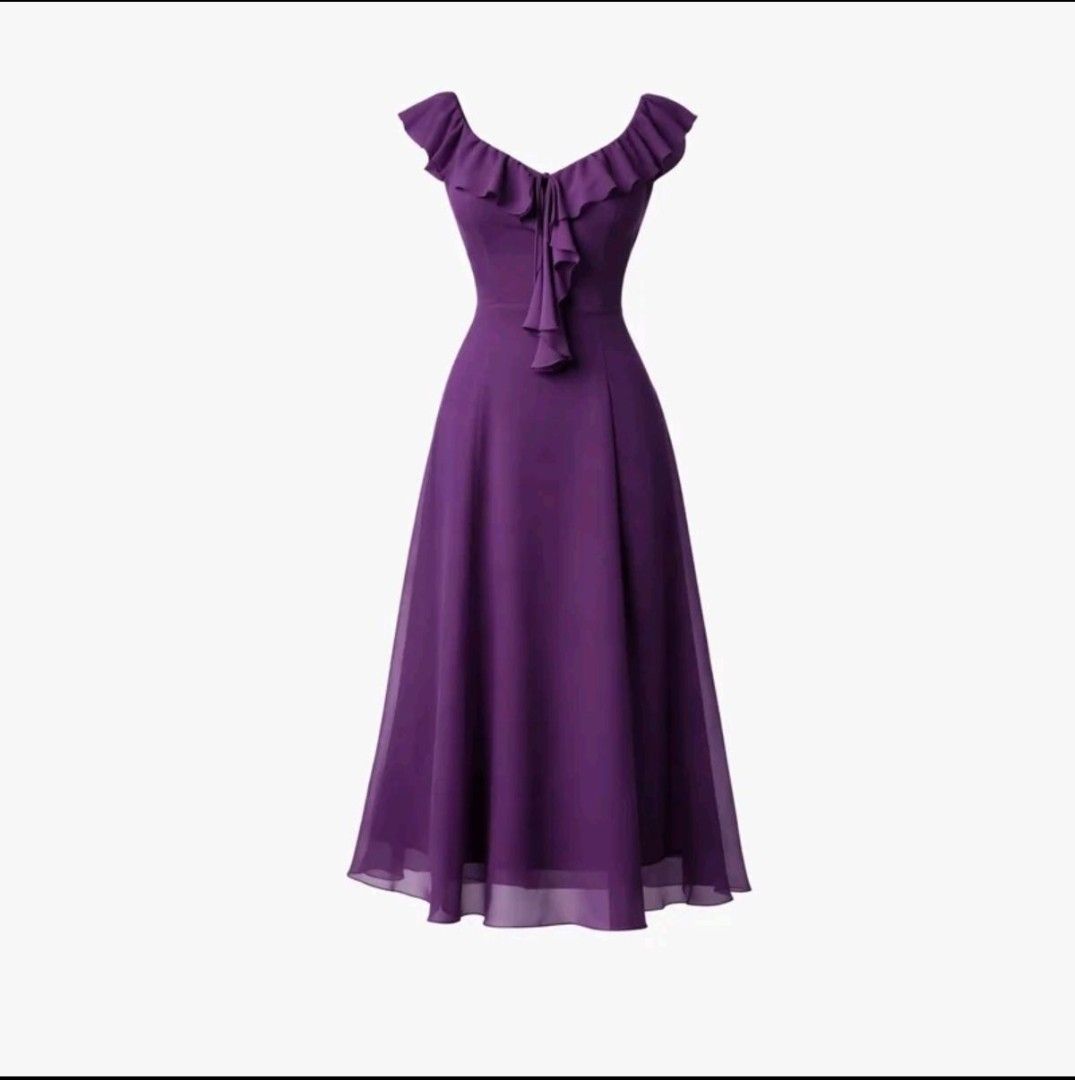 BSCO Catalina Plum - Medium (Category: Dresses) located in Aparri. Submitted by starraebunne (Listing ID 1465836832, Image 1). Description: - Color: Rich purple - Material: Flowy chiffon, fully lined - Design: V-neckline with layered ruffles, short ruffled sleeves, and fitted waist - Length: Midi-length flared skirt - Best for: Weddings, parties, and dinner dates - Styling: Easy to dress up with heels and simple jewelry RFS: not really my style .