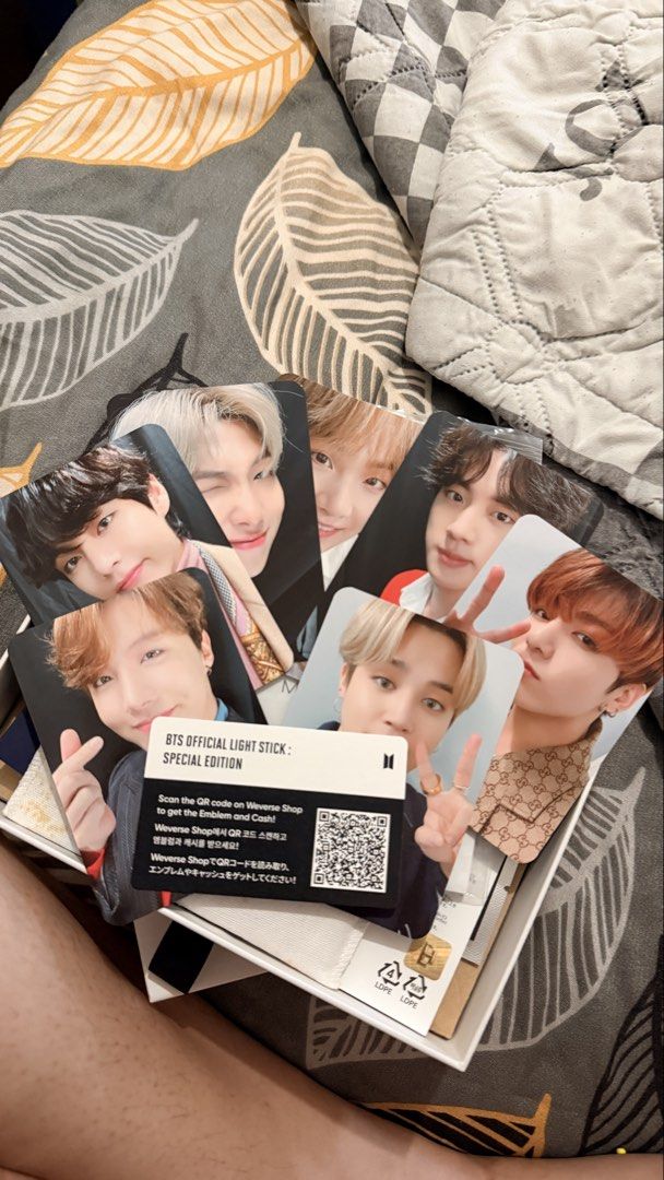 BTS Official Light Stick Special Edition Photocards Set (Category: K-Wave Merchandise) located in Manila. Submitted by marishhsage (Listing ID 1465922813, Image 1). Description: - Complete set of 7 official BTS Light Stick Special Edition photocards (RM, Jin, Suga, J-Hope, Jimin, V, Jungkook) - Includes official Weverse Shop QR code card - Comes with original packaging box - Mint, clean condition and safely stored - 100% authentic.