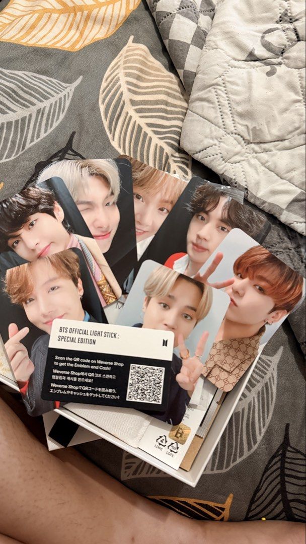 BTS Official Light Stick Special Edition Photocards Set (Category: K-Wave Merchandise) located in Manila. Submitted by marishhsage (Listing ID 1465922813, Image 2). Description: - Complete set of 7 official BTS Light Stick Special Edition photocards (RM, Jin, Suga, J-Hope, Jimin, V, Jungkook) - Includes official Weverse Shop QR code card - Comes with original packaging box - Mint, clean condition and safely stored - 100% authentic.