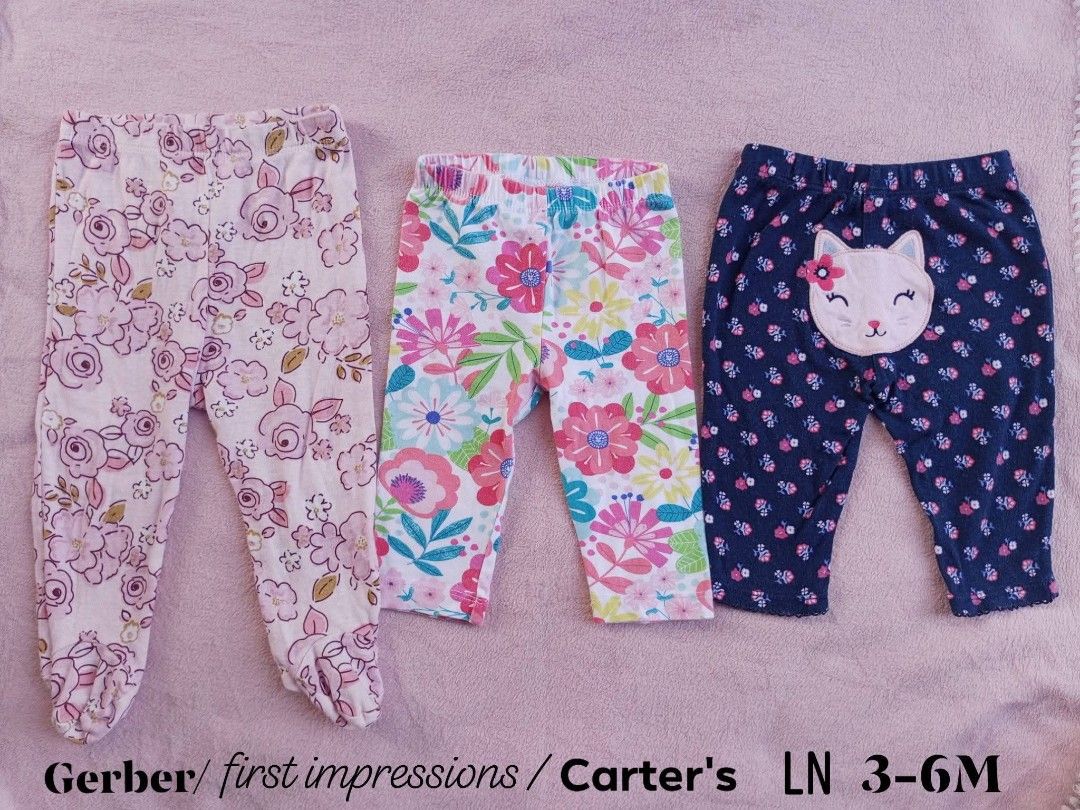 Bundle leggings (Category: Babies & Kids Fashion) located in Sipocot. Submitted by mszari (Listing ID 1465795954, Image 1). Description: 🎀SOFT PINK ROSE FOOTED LEGGINGS Details: Dreamy pale pink with vintage rose print — footed design keeps tiny toes warm! Soft cozy fabric, stretchy waist Size: 3 Months Condition: Well-kept, gentle use, no stains ✨ 🎀BRIGHT FLORAL LEGGINGS Details: Big vibrant flowers in pink, yellow, teal, green — so cheerful! 