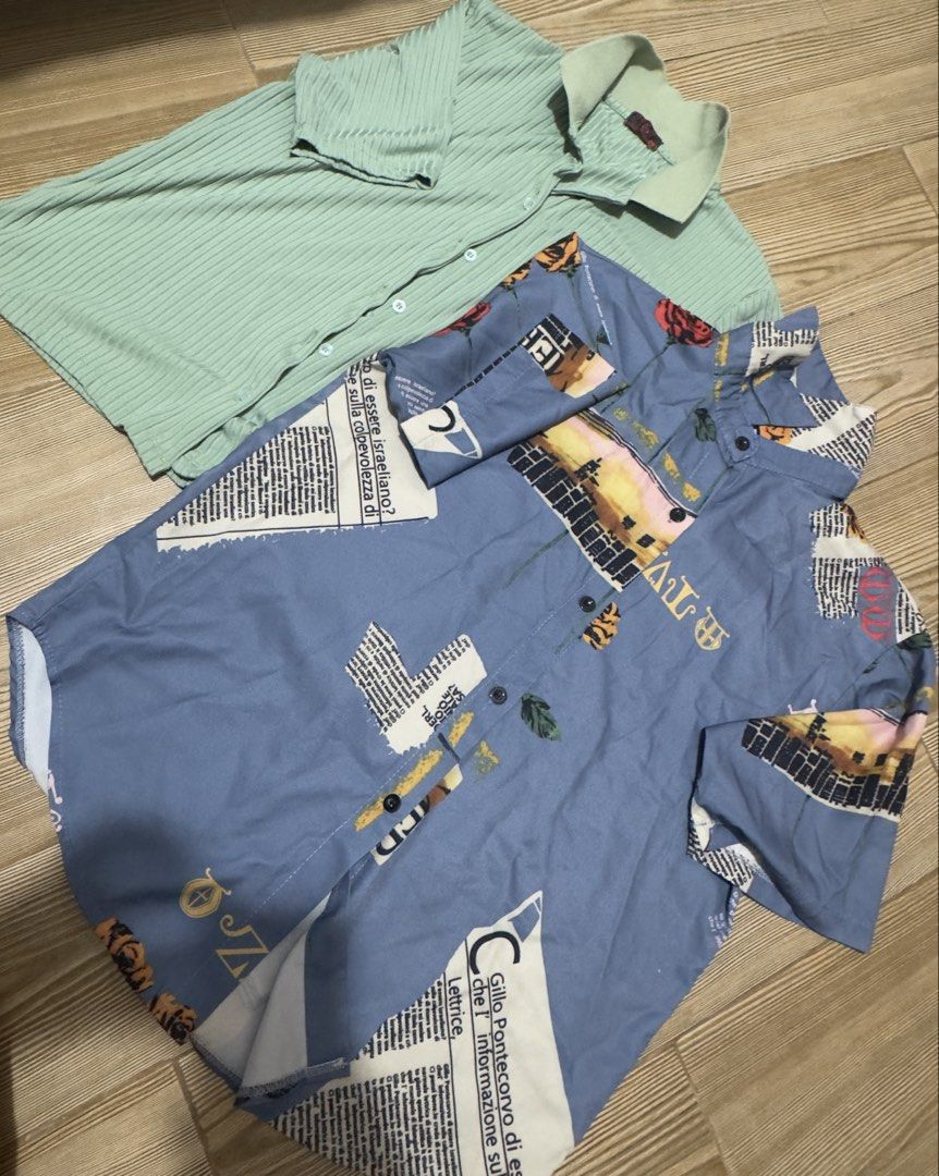 Bundle of 4 assorted tops blouses and button-downs (Category: Blouses) located in San Juan City. Submitted by pewchipie (Listing ID 1465894800, Image 2). Description: - Bundle of 4 stylish tops (selling as a set only) - Maroon textured mock neck long-sleeve - Blue plaid button-down - Light green ribbed polo - Blue button-down with newspaper print and floral graphics - Great mix for casual wear and easy wardrobe refresh.