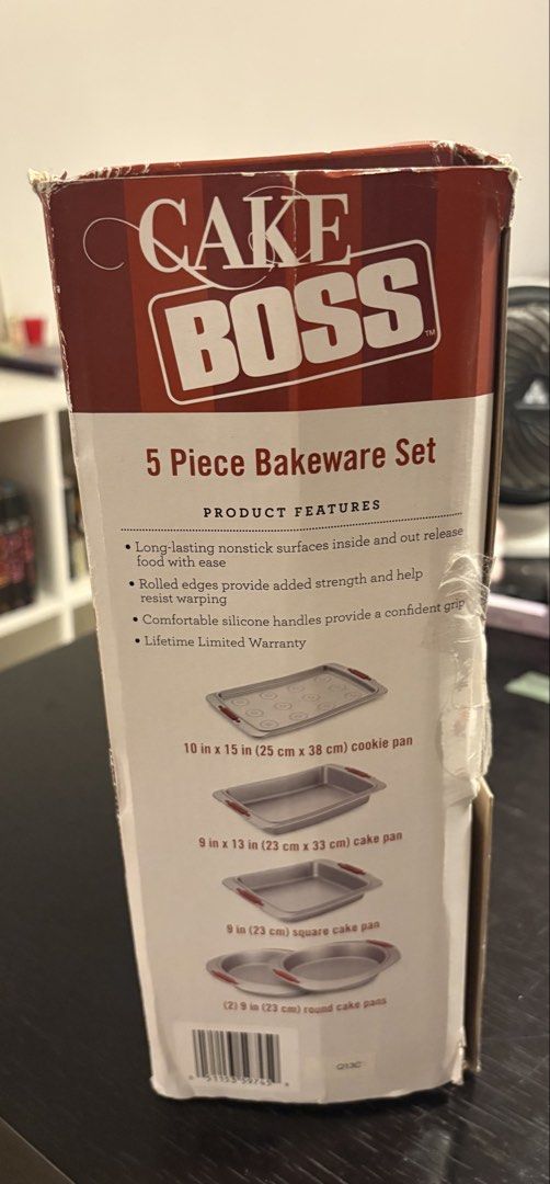 Cake Boss Devoted To Dessert 5-Piece Bakeware Set (Category: Bakeware) located in Manila. Submitted by cebushopper2222 (Listing ID 1465877916, Image 3). Description: Baking set from Cake Boss with five essential pans. Never been used before, packaging has never been opened before. Includes a cookie pan, cake pan, square cake pan, and two round cake pans. Nonstick surfaces inside and out help release food easily. Rolled edges resist warping. Comfo