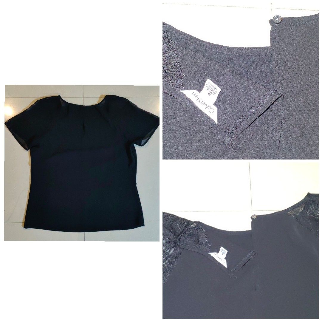 CALVIN KLEIN Blouse with sheer mesh short sleeves (Category: Blouses) located in Barotac Nuevo. Submitted by yorcollections (Listing ID 1465926871, Image 3). Description: CALVIN KLEIN Blouse with sheer mesh short sleeves Size M on tag Length 21 inches Width 25 inches 200php + sf.