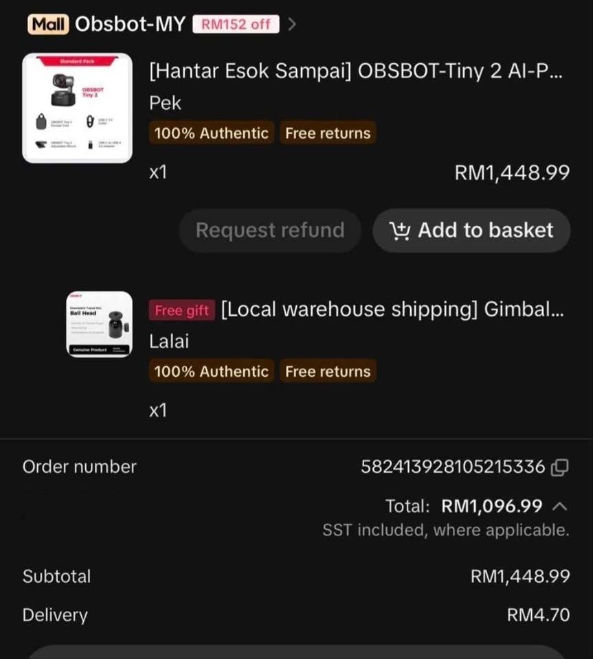 Camera OBSBOT | Tiny 2 (Category: Webcams) located in Kuala Lumpur. Submitted by dextermc (Listing ID 1465762906, Image 3). Description: - Brand: OBSBOT - Model: Tiny 2 - Resolution: 4K Ultra HD - Condition: Brand new in original box - Ideal for: Live streaming, online meetings, video content creation - Features: AI-powered tracking and compact design.