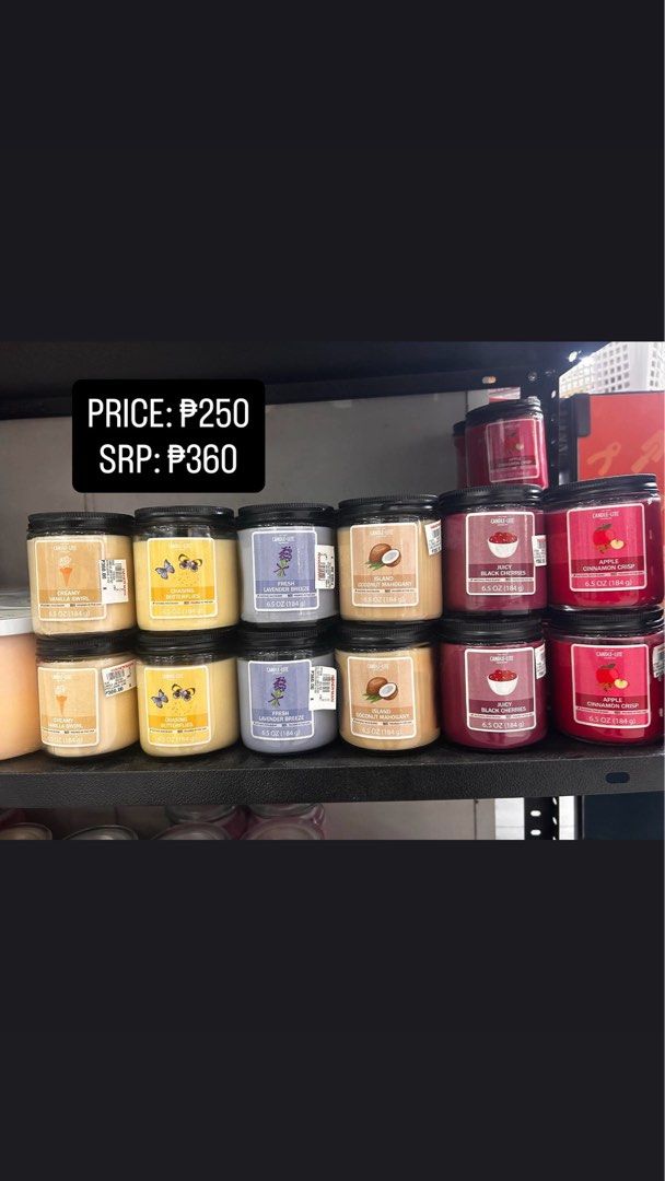Candle-Lite Scented Candle 6.5 oz Assorted Scents (Category: Home Fragrance) located in Dagupan City. Submitted by yssa.lang (Listing ID 1465939423, Image 1). Description: - Brand: Candle-Lite Scented Candles - Size: 6.5 oz wax blend per jar - Available Variants: Creamy Vanilla Swirl, Chasing Butterflies, Fresh Lavender Breeze, Island Coconut Mahogany, Juicy Black Cherries, and Apple Cinnamon Crisp - Condition: Brand new and authentic - Price: Di
