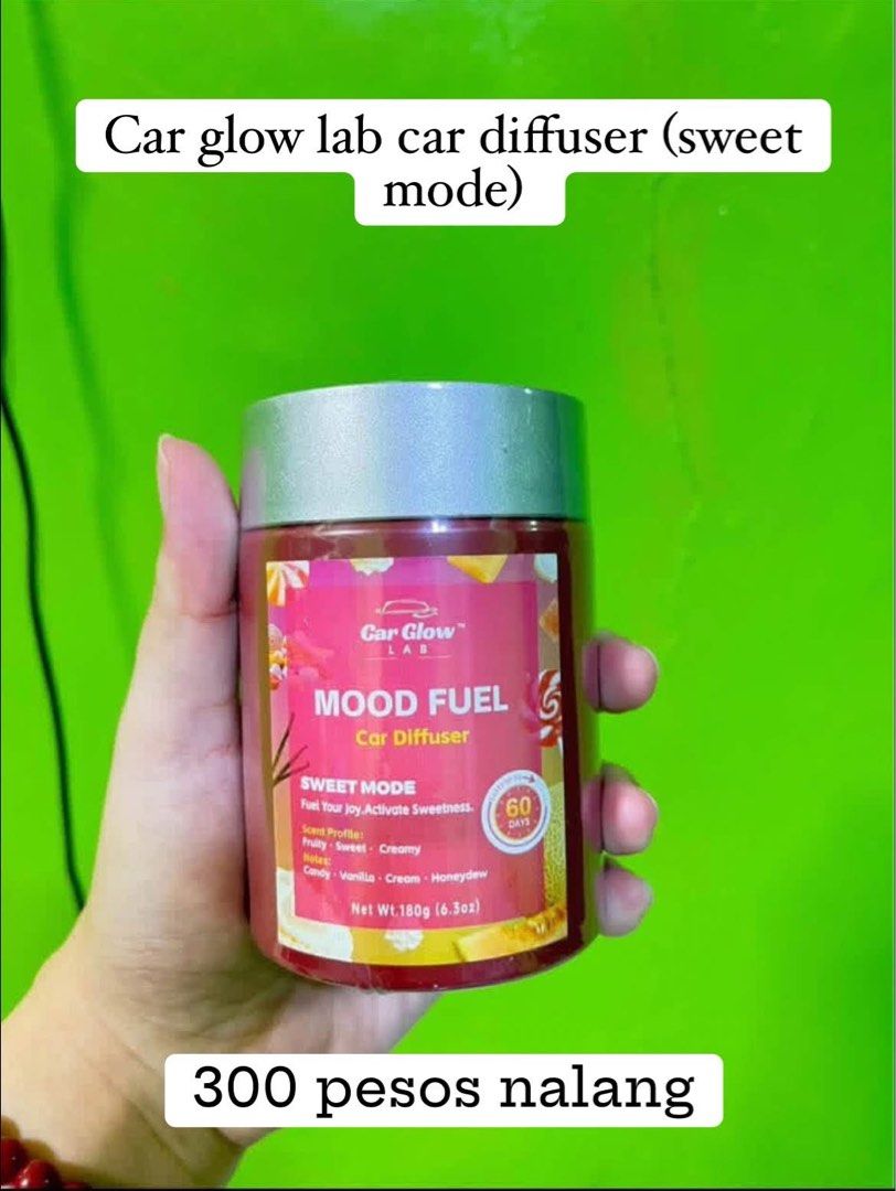 Car Glow Lab Mood Fuel Car Diffuser (Category: Home Fragrance) located in Manila. Submitted by shannen11 (Listing ID 1465817898, Image 2). Description: - Product: Car Glow Lab Mood Fuel Car Diffuser - Price: ₱300 each - Net Weight: 180g (lasts up to 60 days) - Sweet Mode Scent: Fruity, sweet, and creamy (candy, vanilla, cream, honeydew) - Stealth Mode Scent: Smoky, woody, and earthy (black pepper, amber, rosemary, incense) - Condition: Brand New 