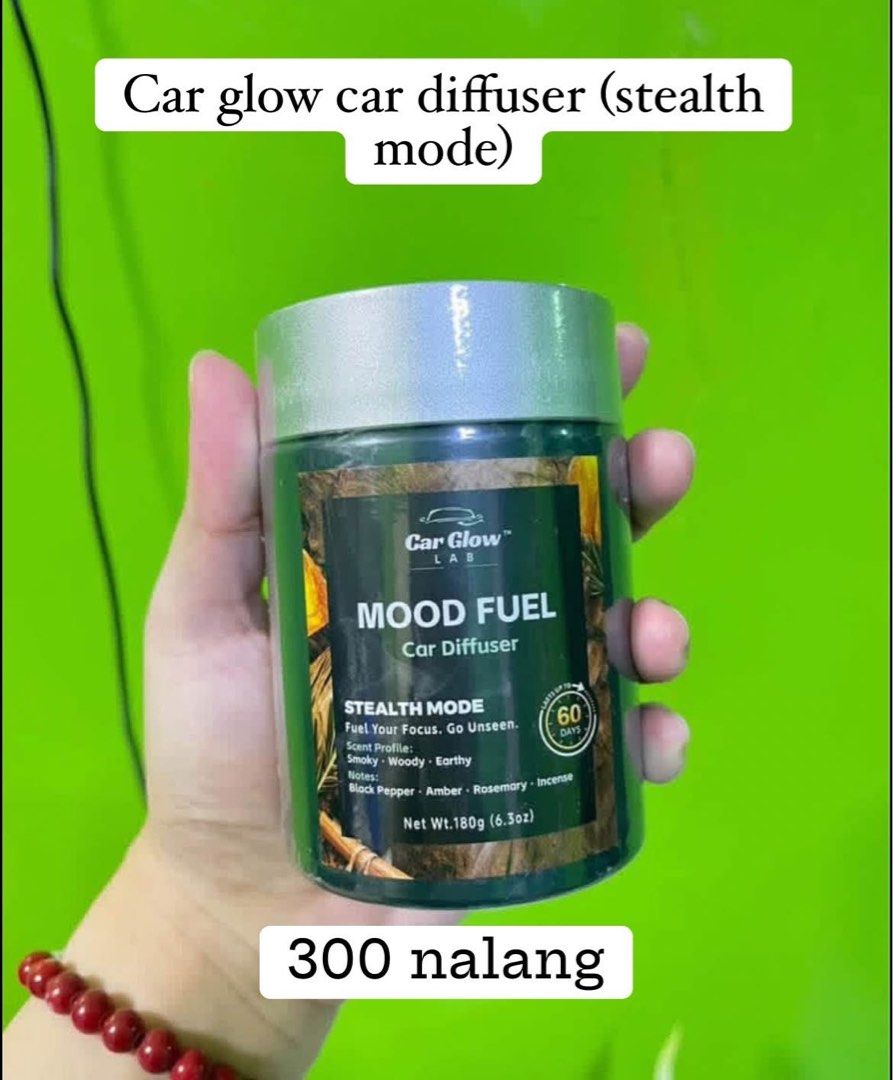 Car Glow Lab Mood Fuel Car Diffuser (Category: Home Fragrance) located in Manila. Submitted by shannen11 (Listing ID 1465817898, Image 3). Description: - Product: Car Glow Lab Mood Fuel Car Diffuser - Price: ₱300 each - Net Weight: 180g (lasts up to 60 days) - Sweet Mode Scent: Fruity, sweet, and creamy (candy, vanilla, cream, honeydew) - Stealth Mode Scent: Smoky, woody, and earthy (black pepper, amber, rosemary, incense) - Condition: Brand New 