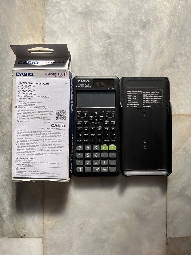 Casio fx-85ES Plus 2nd Edition Scientific Calculator (Category: Office & Business Technology) located in Marikina City. Submitted by thealexaclub.clo (Listing ID 1465835584, Image 1). Description: - Model: Casio fx-85ES Plus 2nd Edition scientific calculator - Condition: Fully working, clean screen and buttons, complete with original box, slide-on hard case, and startup guide - Ideal For: High school or university math and science classes.