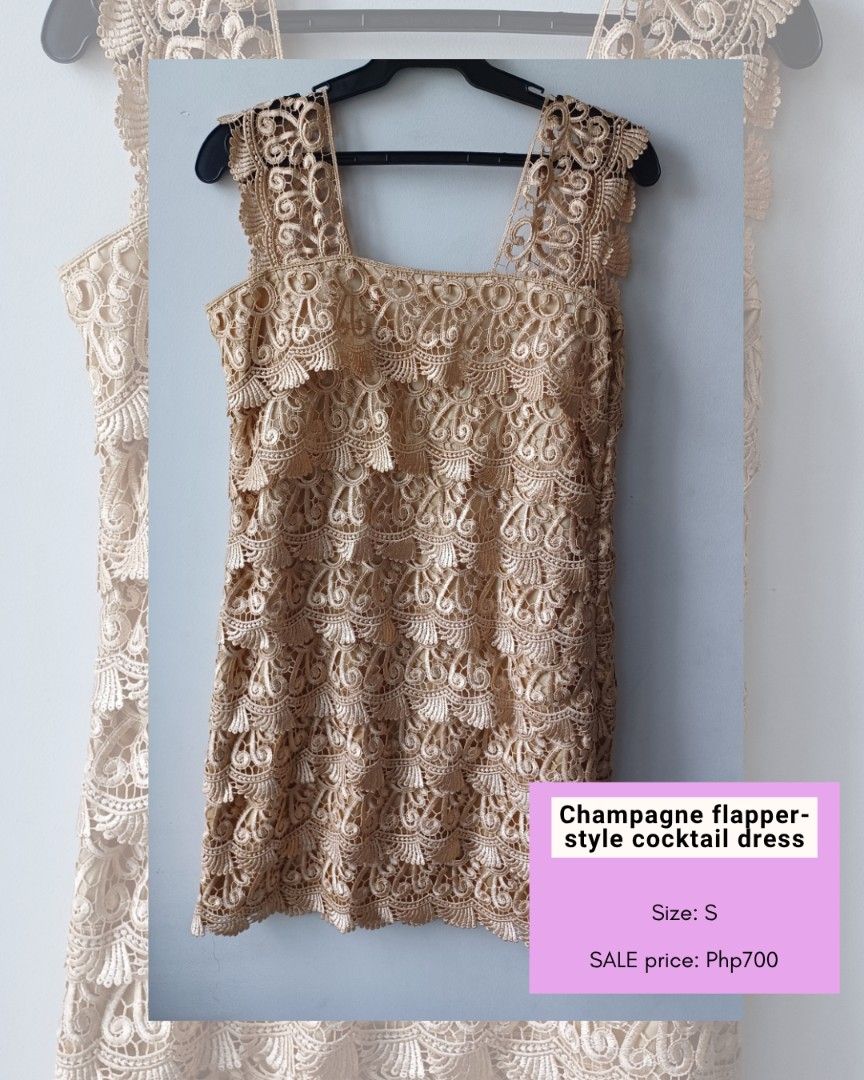 Champagne flapper-style cocktail dress (Category: Evening dresses & gowns) located in Makati City. Submitted by freegem.c6de30 (Listing ID 1465839672, Image 1). Description: - Style: Flapper-style cocktail dress with tiered lace ruffles - Color: Champagne - Size: S/M - Design: Square neckline with thick lace straps - Occasion: Perfect for parties, dinners, or weddings - Condition: Worn only once, carefully stored, good as new • RFS: decluttering 