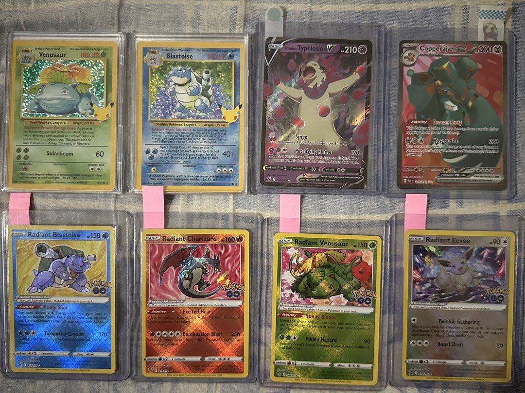 Pokemon Cards - Blastoise, Venusaur, Celebrations (Category: Trading Cards Accessories) located in Manila. Submitted by leesaikyeil (Listing ID 1465914895, Image 1). Description: * Celebrations Blastoise - 1000 * Celebrations Venusaur - SOLD * Radiant Venusaur, Blastoise, Charizard and Eevee - 4k set only * Hisuian Typhlosion V - 120 * Copperajah ex - 50 * All cards are mint and stored securely inside protective top loaders * Perfect addition for