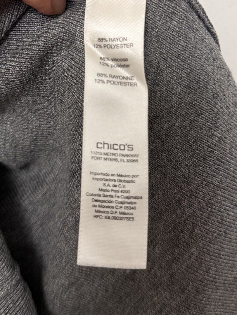 Chico's Grey Turtleneck Sweater (Category: Longsleeves) located in Mandaluyong City. Submitted by nftp24 (Listing ID 1465851560, Image 3). Description: - Brand: Chico's - Size: 1 (fits Medium) - Color: Classic Grey - Material: 88% Rayon, 12% Polyester (Soft & stretchy fabric) - Style: Long sleeves, ribbed texture, high turtleneck neck - Condition: Clean, excellent, and ready to wear.