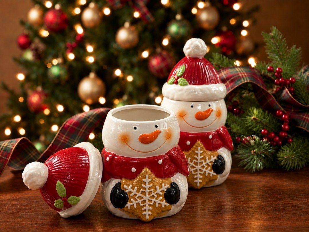 Christmas Snowman Ceramic Canister Cookie Jar (Category: Food Organization & Storage) located in Baguio. Submitted by the_general_store (Listing ID 1465795036, Image 2). Description: - Ceramic snowman canisters - Adorned with red hats, scarves, and gingerbread cookie accents - Removable hat lids equipped with rubber seals for fresh storage - Glossy white finish with clean, ready-to-use interiors - Perfect for festive kitchen decor or holding holi