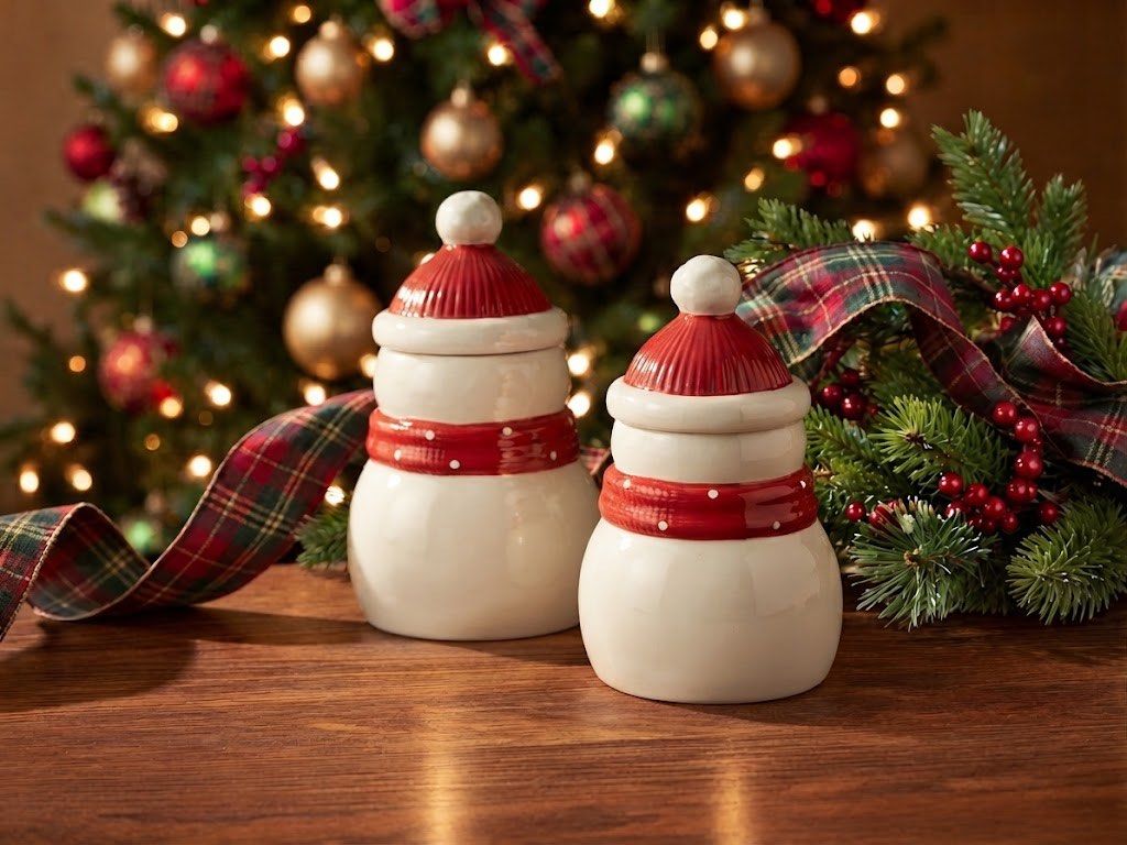 Christmas Snowman Ceramic Canister Cookie Jar (Category: Food Organization & Storage) located in Baguio. Submitted by the_general_store (Listing ID 1465795036, Image 3). Description: - Ceramic snowman canisters - Adorned with red hats, scarves, and gingerbread cookie accents - Removable hat lids equipped with rubber seals for fresh storage - Glossy white finish with clean, ready-to-use interiors - Perfect for festive kitchen decor or holding holi