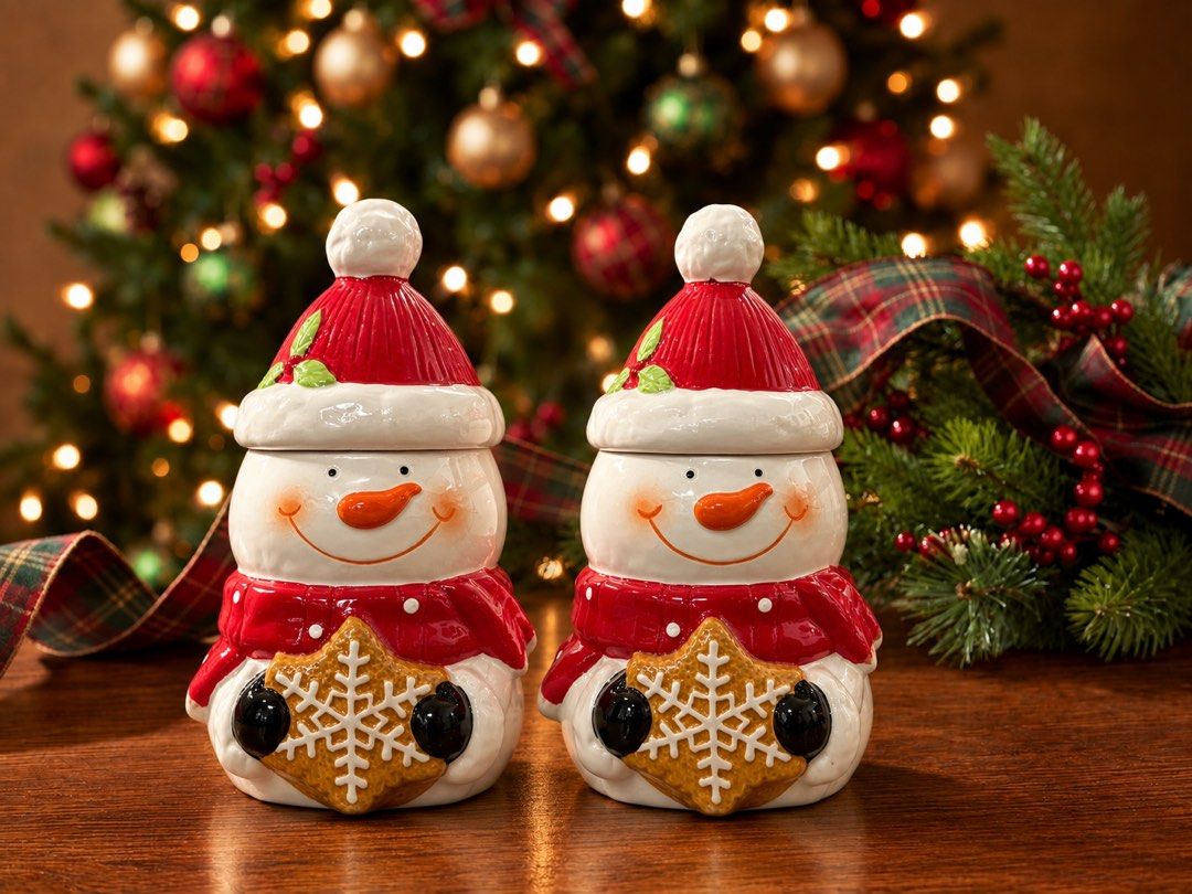 Christmas Snowman Ceramic Canister Cookie Jar (Category: Food Organization & Storage) located in Baguio. Submitted by the_general_store (Listing ID 1465795036, Image 1). Description: - Ceramic snowman canisters - Adorned with red hats, scarves, and gingerbread cookie accents - Removable hat lids equipped with rubber seals for fresh storage - Glossy white finish with clean, ready-to-use interiors - Perfect for festive kitchen decor or holding holi