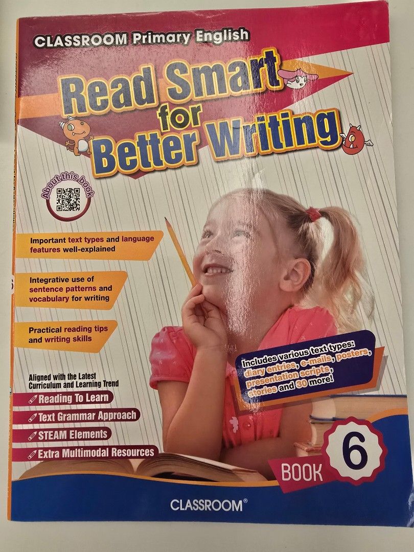 Classroom Read Smart for Better Writing Book 6 （分類：教科書）位於 Hong Kong。 由 lrssl 提交（商品編號 1465916503，圖片 1）。簡介： 放小學英文寫作補充教材，Classroom出版，Read Smart for Better Writing Book 6。入面有唔同文體教學，例如描寫文、影評、故事等，仲有文法重點同實用生字。適合小六學生用黎提升寫作能力。 全本練習未做過。。