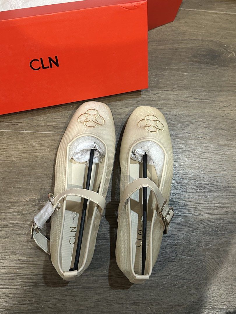 CLN Mary Jane Mesh Flats Size 38 (Category: Flats & Sandals) located in Manila. Submitted by lessismorefinds (Listing ID 1465799207, Image 3). Description: - Brand: CLN - Style: Mesh Mary Jane flats with buckle strap - Color: Beige with gold flower embroidery on the toe - Size: 38 (marked on sole) - Condition: Brand new with original red box and packing inserts still inside.
