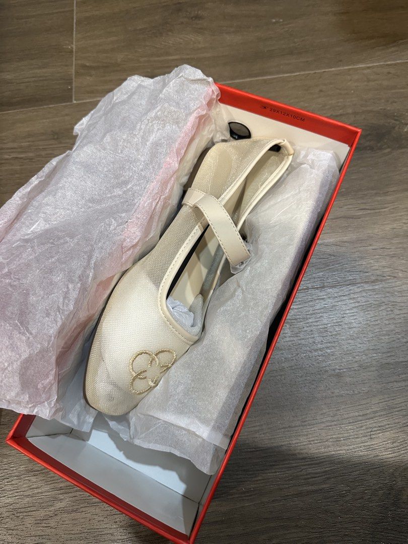CLN Mary Jane Mesh Flats Size 38 (Category: Flats & Sandals) located in Manila. Submitted by lessismorefinds (Listing ID 1465799207, Image 2). Description: - Brand: CLN - Style: Mesh Mary Jane flats with buckle strap - Color: Beige with gold flower embroidery on the toe - Size: 38 (marked on sole) - Condition: Brand new with original red box and packing inserts still inside.