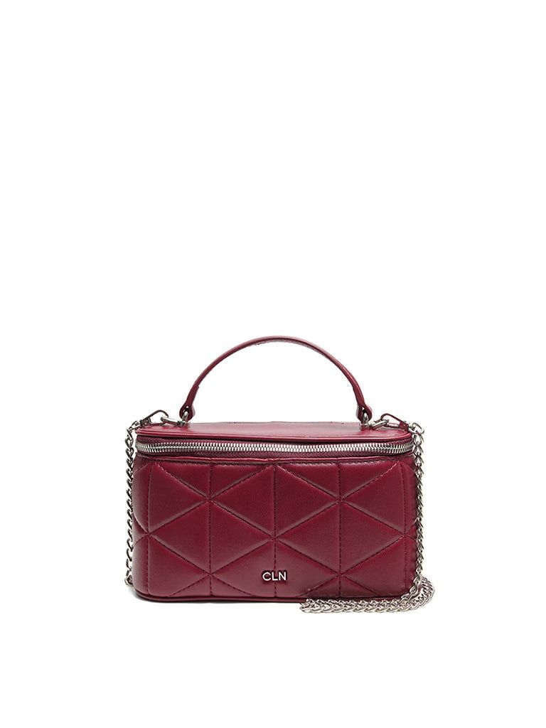 CLN Quilted Maroon Vanity Bag with Chain Strap (Category: Luxury Bags & Wallets) located in Quezon City. Submitted by pyress (Listing ID 1465948458, Image 1). Description: - Brand: CLN Handbag with zip-around closure Interior: 1 slip pocket Exterior: 1 optional chain crossbody strap Synthetic leather & fabric exterior, fabric lining interior Length - 8.60" Width - 2.60" Height - 4.60" Handle Drop - 2.60" Strap Drop - 23.50" Not used .