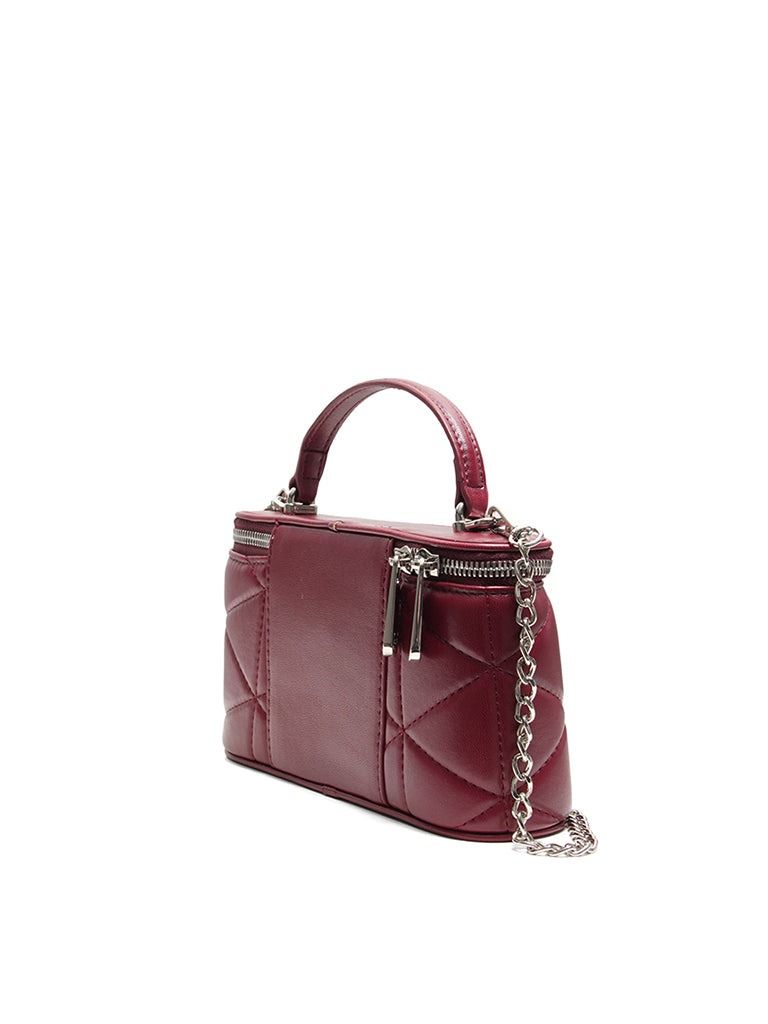 CLN Quilted Maroon Vanity Bag with Chain Strap (Category: Luxury Bags & Wallets) located in Quezon City. Submitted by pyress (Listing ID 1465948458, Image 3). Description: - Brand: CLN Handbag with zip-around closure Interior: 1 slip pocket Exterior: 1 optional chain crossbody strap Synthetic leather & fabric exterior, fabric lining interior Length - 8.60" Width - 2.60" Height - 4.60" Handle Drop - 2.60" Strap Drop - 23.50" Not used .